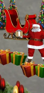 Santa with sleigh and gifts against a festive, decorated Christmas background.