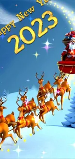 Vibrant wallpaper of Santa Claus flying in his sleigh with reindeer for New Year 2023.