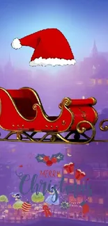 Santa's sleigh with red hat in a festive night cityscape.