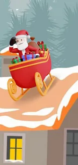 Santa Claus in a red sleigh on a snowy roof with gifts, festive mobile wallpaper.