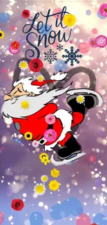 Santa skating on a snowy backdrop with colorful flowers.