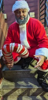 Smiling Santa figure sitting on stairs with a candy cane.