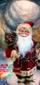 Santa Claus in a cosmic background with festive decorations.