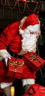 Santa Claus with gifts in a festive Christmas setting.