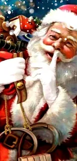 Santa Claus with gifts in a colorful festive scene.