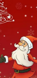 Cheerful Santa Claus on red festive background with snowflakes.