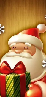 Festive Santa Claus with gift and snowflakes on brown background.