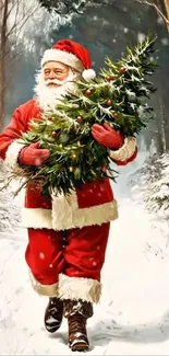 Santa walking in snow with tree.