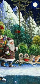 Santa Claus with reindeer in snowy forest scene wallpaper.