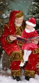 Santa reading to child in snowy Christmas scene.