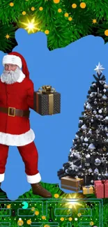 Santa and Christmas tree festive wallpaper with gifts on blue background.