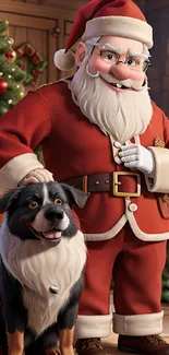 Santa Claus with dog in festive Christmas setting.