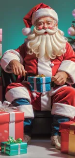 Santa Claus sits among colorful Christmas gifts and a festive tree.