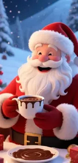 Jolly Santa holds a mug of cocoa in snowy, festive setting.