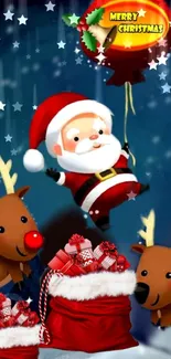 Animated festive scene with Santa and reindeers celebrating Christmas.