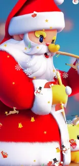 Santa Claus with cartoon toys in colorful holiday wallpaper.