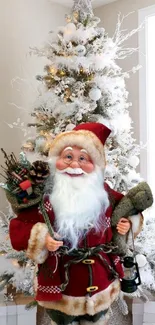 Santa Claus standing by a white Christmas tree with gifts.