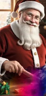 Santa Claus in red suit with colorful holiday background.