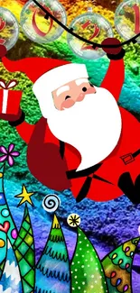 Santa with gift, colorful trees, and Happy New Year message.