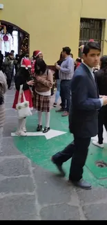 Festive school gathering with students in winter outfits, lively and colorful background.