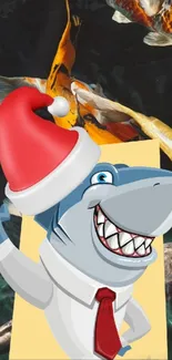 Cartoon shark in Santa hat with koi fish.