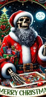 Skeleton Santa in red suit with Christmas tree and gifts, moonlit night.