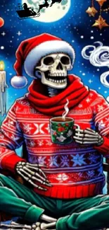 A festive skeleton wearing a Santa hat, holding a mug against a starry Christmas backdrop.