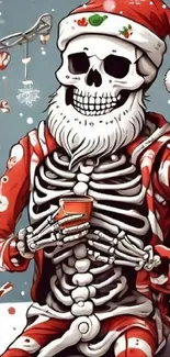 Skeleton wearing Santa outfit with festive elements.