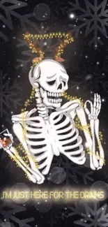 Skeleton with Christmas lights and snowflakes, saying "I'm just here for the drinks."