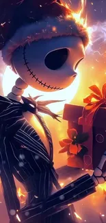 Festive skeleton holding a gift box.