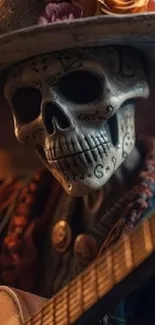 A skeleton wearing a hat plays guitar in vivid colors, celebrating culture.