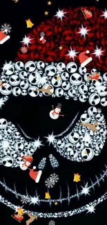 Christmas skulls wallpaper with snowmen and snowflakes on a black background.