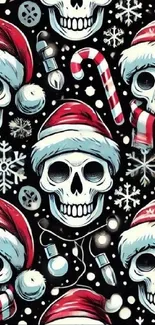 Cartoon skulls with Santa hats on black background.