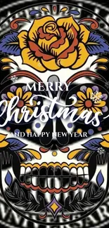 Colorful floral skull Christmas wallpaper with festive message.
