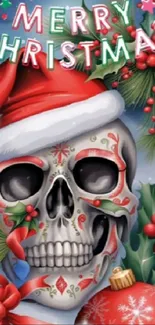 Merry Christmas skull with Santa hat and holiday decor.