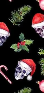 Holiday skulls with Santa hats on black background.