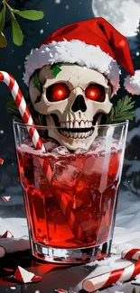 Skull in Santa hat with candy cane drink.