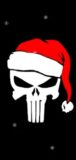 Festive skull with Santa hat on black background wallpaper.