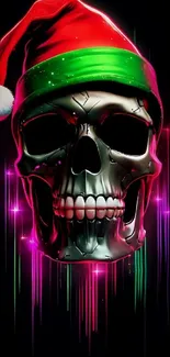 Metallic skull with Santa hat on neon background.