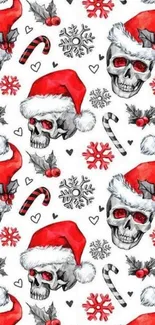 Skulls with Santa hats and candy canes on a festive wallpaper.