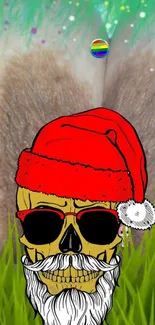 Santa hat skull in grass, colorful wallpaper.