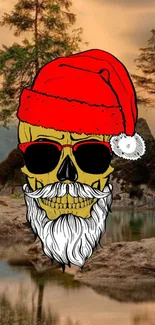 Skull with Santa hat and sunglasses on natural background.