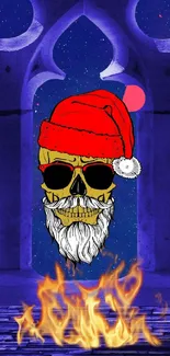 Skull in Santa hat with blue flame background.