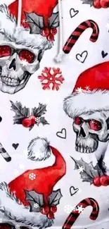 Festive skulls and candy canes with Santa hats on white background.