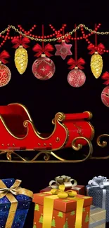 Festive wallpaper with red sleigh and colorful gifts on black background.