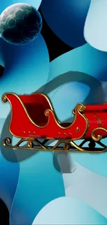 Red sleigh floating in a blue and black space-themed background.