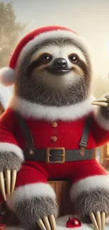 Cute sloth dressed in a Santa costume surrounded by a festive, snowy backdrop.