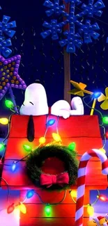 Colorful Christmas Snoopy with lights and decorations.