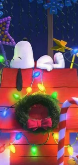 Snoopy Christmas scene with lights and decor.