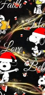 Snoopy in Santa hats with festive Christmas words.